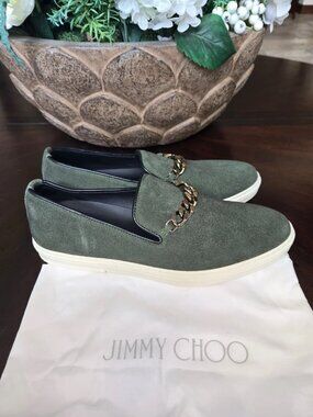 Authentic Jimmy Choo Men Olive Green Suede Chain Slip-On Sneakers Loafers EU 42